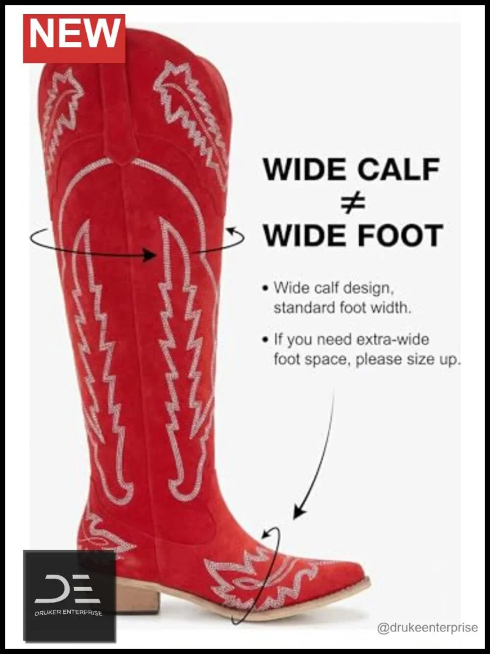 Over the Knee Western Cowboy Boots Wide Calf Plus Size Low Heel Snip Toe